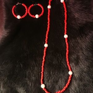 Set! Earrings and Necklace Red with white pearls